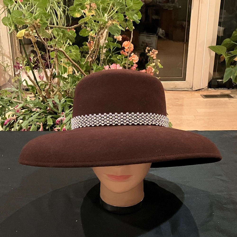 Chic Dark Brown Wool Wide-Brim Hat with Stylish Silver Rhinestone Band